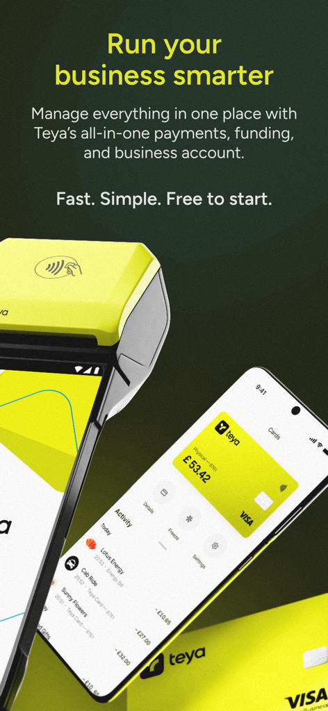 Teya app interface showing business account details alongside a payment terminal and business debit card