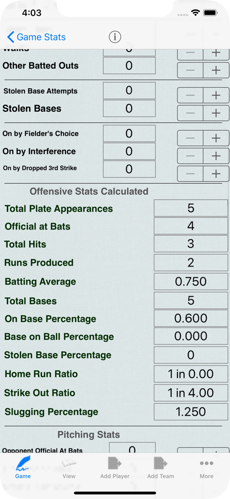 Baseball Player Stats Tracker - Baseball Player Stats Tracker App-Oberfläche mit offensiven Statistiken und Pitching-Statistiken