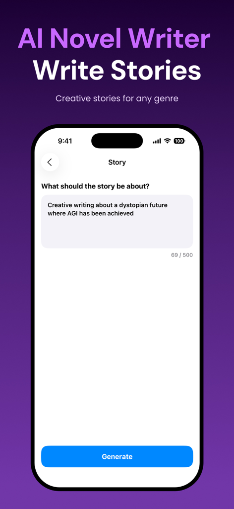 AIライターアプリの画面。ディストピアの未来についての創造的な物語を生成するためのプロンプト入力が表示されています。