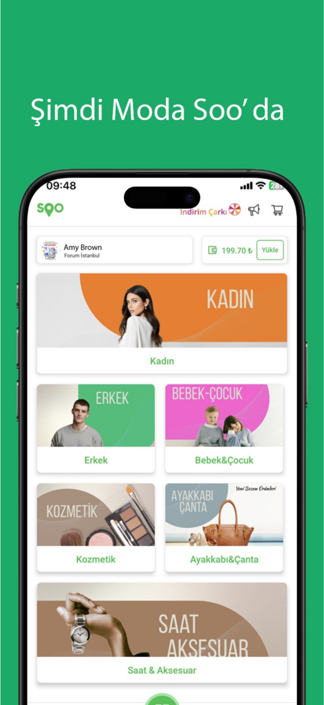 Mobile interface of the SOO app displaying various shopping categories like fashion cosmetics and accessories