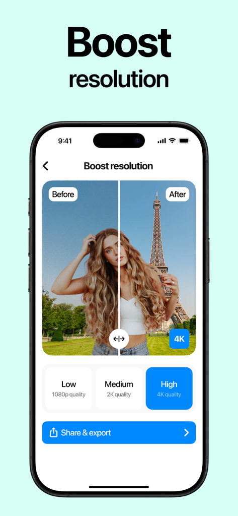 AI Background Removerㅤ - Interface do aplicativo Removedor de Fundo IA mostrando o recurso de aprimoramento de resolução com uma opção de exportação em qualidade 4K