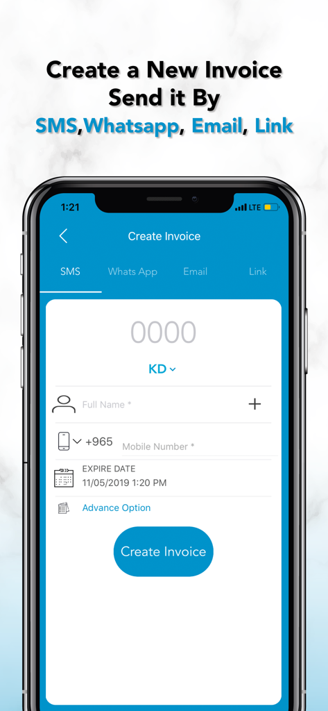 MyFatoorah app screen showing invoice creation with multiple sending options like SMS and WhatsApp
