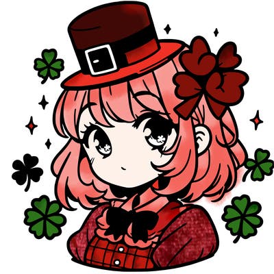 a manga-style girl with clovers around her, a little hat in her hair, like it's saint patrick's day