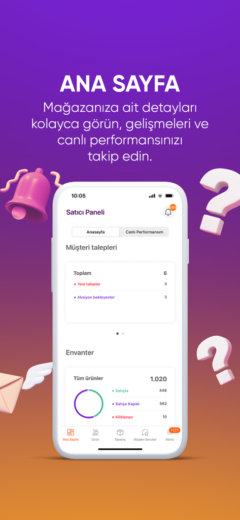 Hepsiburada İş Ortağım - Tela inicial do aplicativo parceiro de negócios Hepsiburada mostrando o painel do vendedor com solicitações de clientes e métricas de inventário