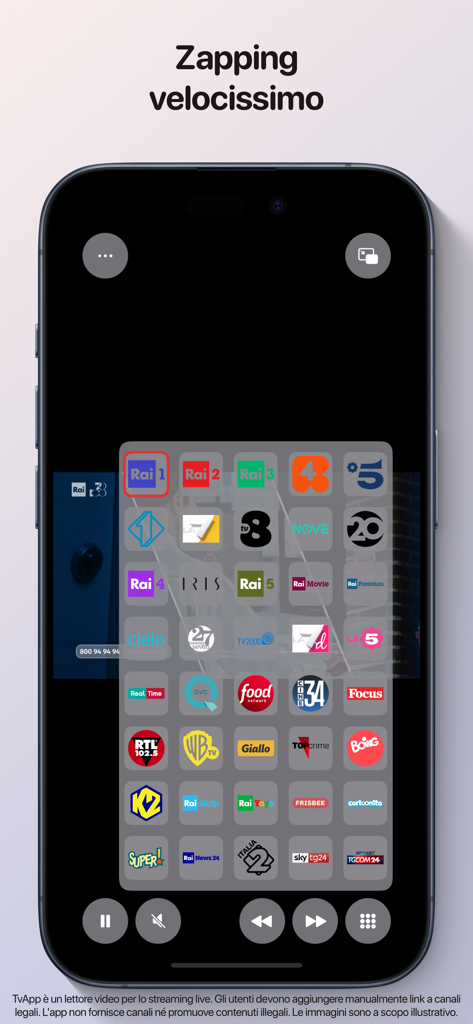 TvApp - Live TV streaming - TvApp interface displaying a grid of TV channel icons for quick zapping on an iPhone