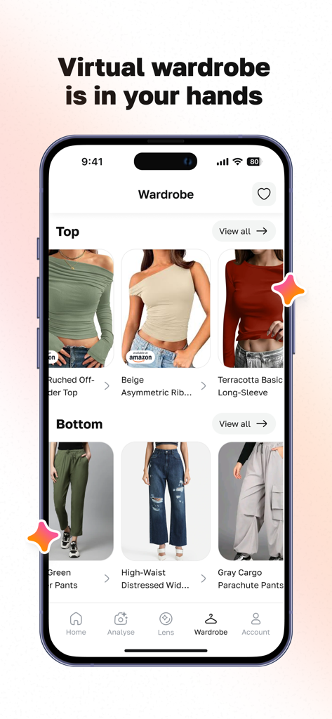 Beauty AI: Outfit & Closet - Beauty AI app interface displaying a digital closet with organized clothing categories for tops and bottoms.