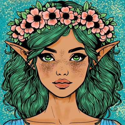 realistic female elf with flower crown