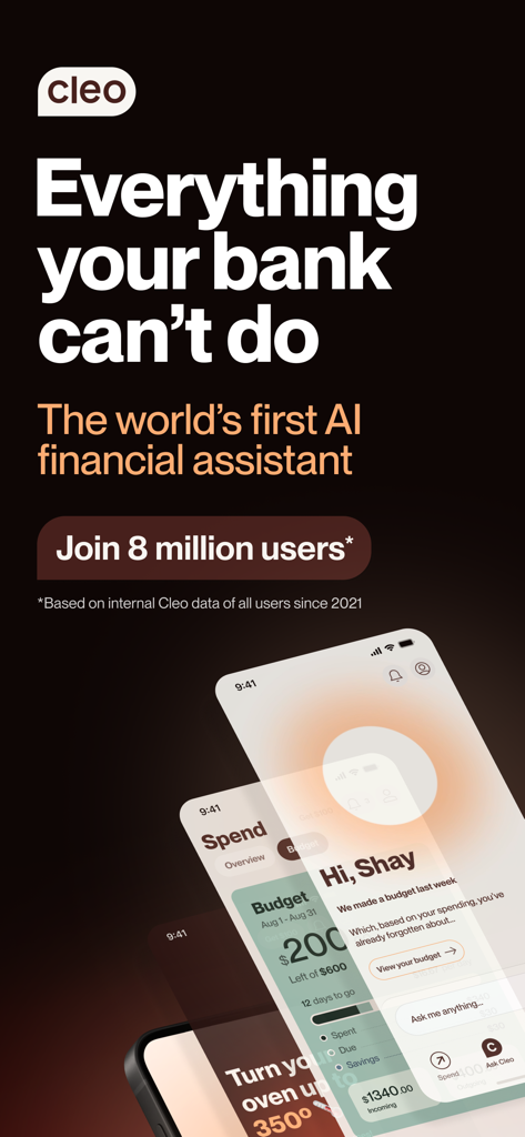 Tela inicial do aplicativo gerenciador de dinheiro Cleo AI com o slogan tudo o que seu banco não pode fazer e uma interface de visão geral do orçamento.