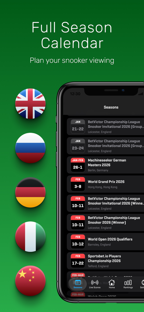 World Snooker Online app interface showing a comprehensive list of upcoming professional snooker tournaments in the season calendar.