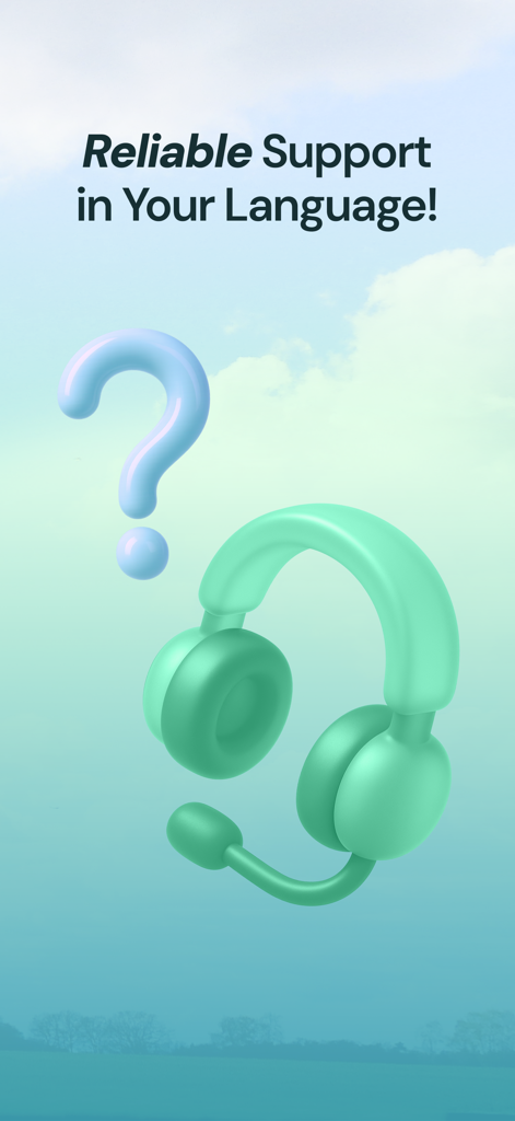 TABA - Get a taxi in Korea - 韓国のTABAタクシーアプリの信頼できる多言語カスタマーサポートを強調する3Dの疑問符とヘッドセットアイコン