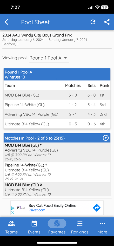 Volleyball tournament pool standings and match schedule in the Volleyball Hub app