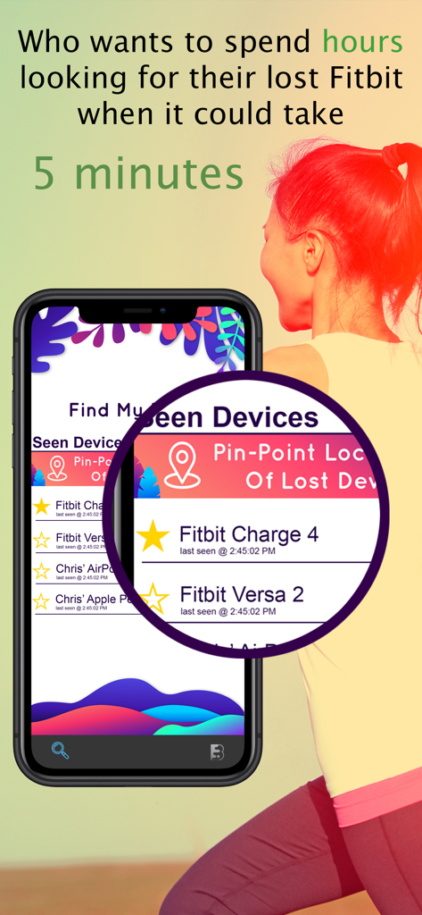 Smartphone screen showing the Find My Fitbit app interface with a list of nearby devices like Fitbit Charge 4 and Fitbit Versa 2