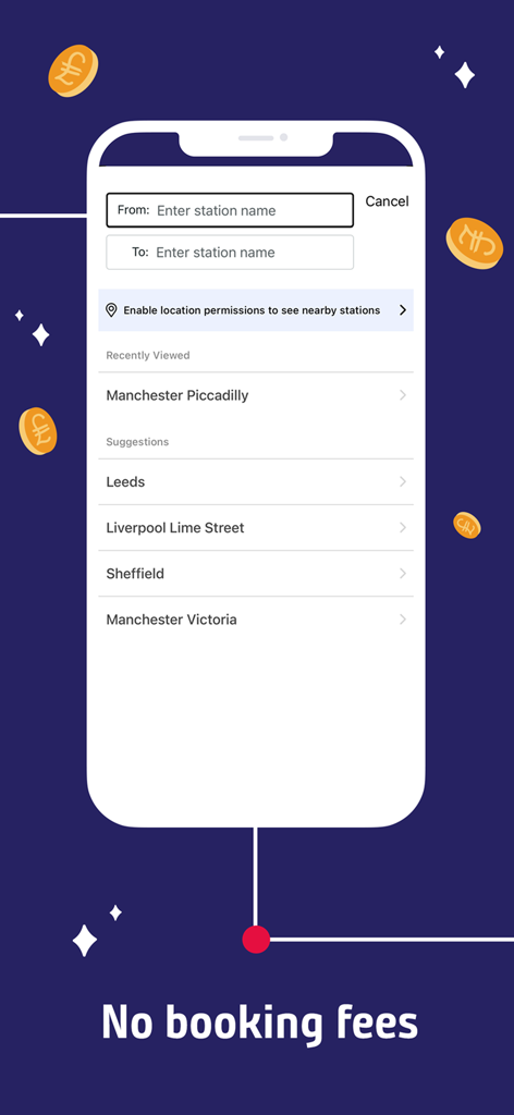 Screen for searching train stations in the Northern app featuring Manchester Leeds and Liverpool with a no booking fees message