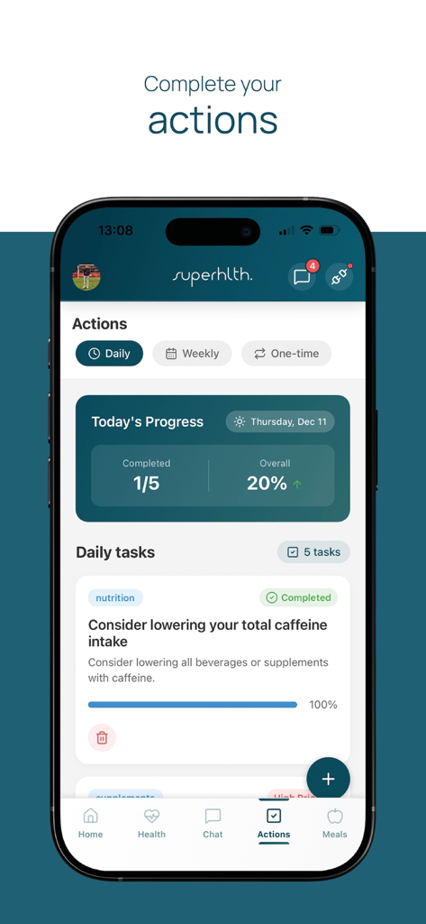 Superhlthアプリのインターフェース。毎日の健康タスクと、パーソナライズされた推奨事項の進捗状況追跡を表示。