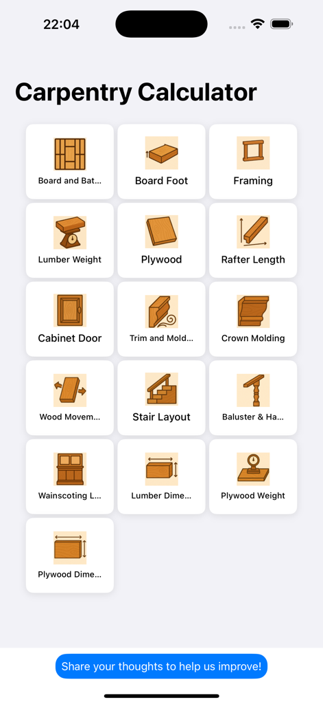 Carpentry & Trim Calculator - Main menu of the Carpentry and Trim Calculator app showing tool icons for board foot framing and stair layout