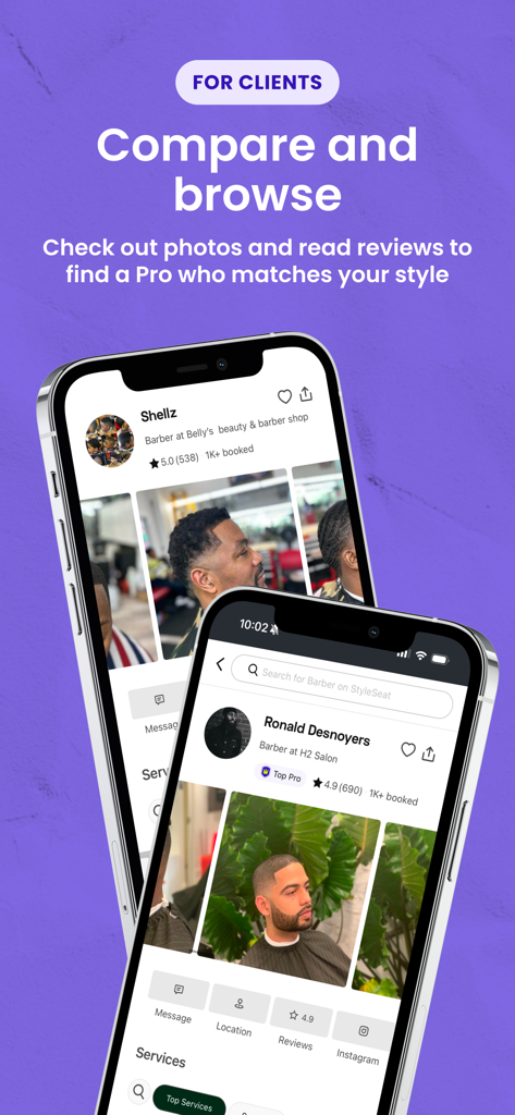 Interface do aplicativo móvel para clientes navegarem e compararem perfis e portfólios de profissionais de beleza