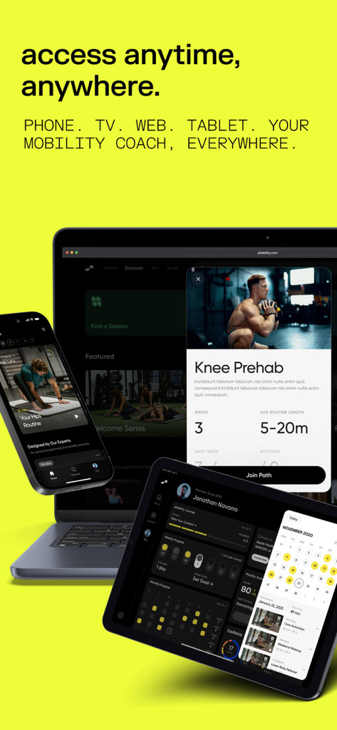 pliability: stretch + mobility - The pliability app displayed on a smartphone laptop and tablet illustrating its availability across multiple platforms.