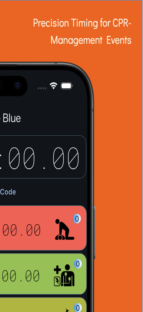Interface do aplicativo Code Blue: Timer de Eventos de RCP mostrando cronômetros de precisão e ícones para compressões torácicas e intervenção médica