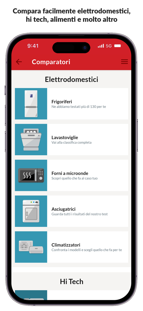 Altroconsumo - Interfaccia dell'app Altroconsumo che mostra categorie di confronto per elettrodomestici e prodotti hi-tech