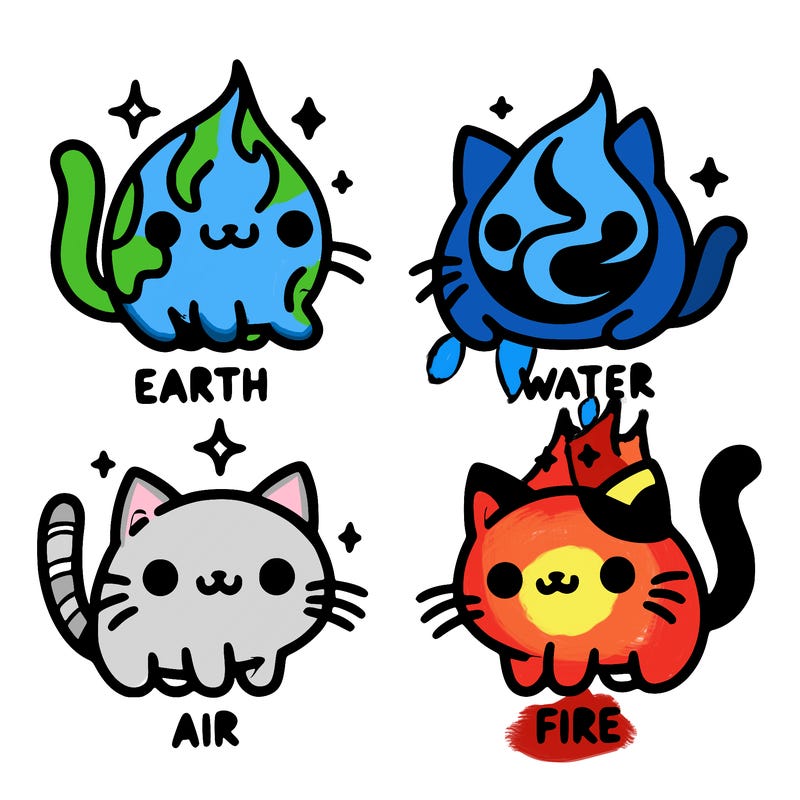 4 cats that represent the different elements, earth, water, air, and fire