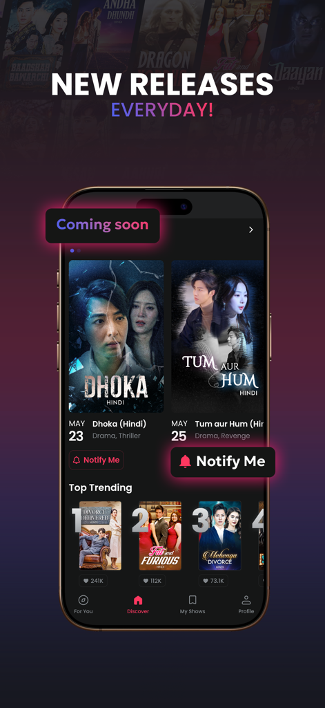 DashReels app interface showing new releases and coming soon hindi short dramas