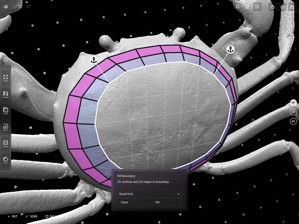 CozyBlanket - A 3D crab model being retopologized in the CozyBlanket app on an iPad showing the Fill Boundary tool