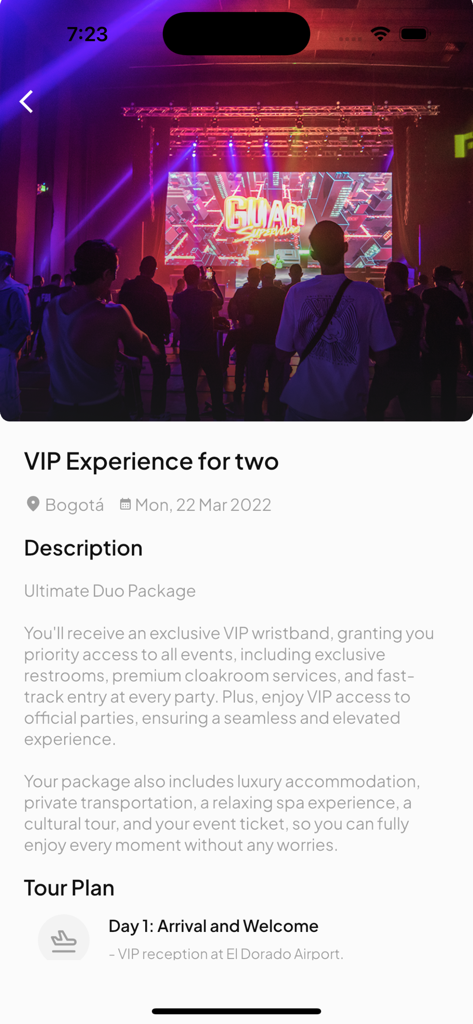 Mobile app interface showing details for a VIP experience for two including concert photo and travel package description