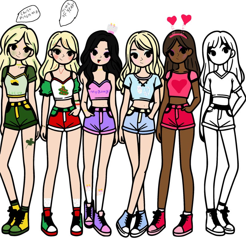 a group of girls wearing crop tops and shorts