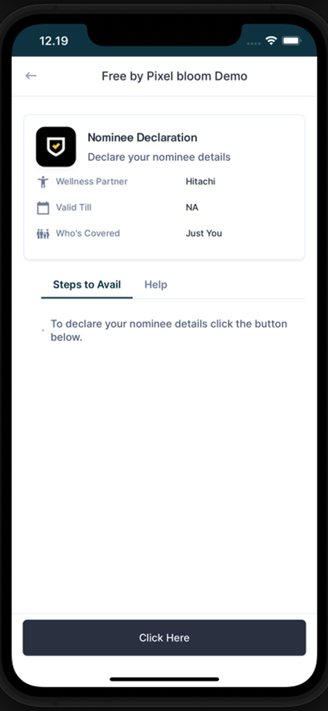Nova Benefits app screen for declaring nominee details with wellness partner information.