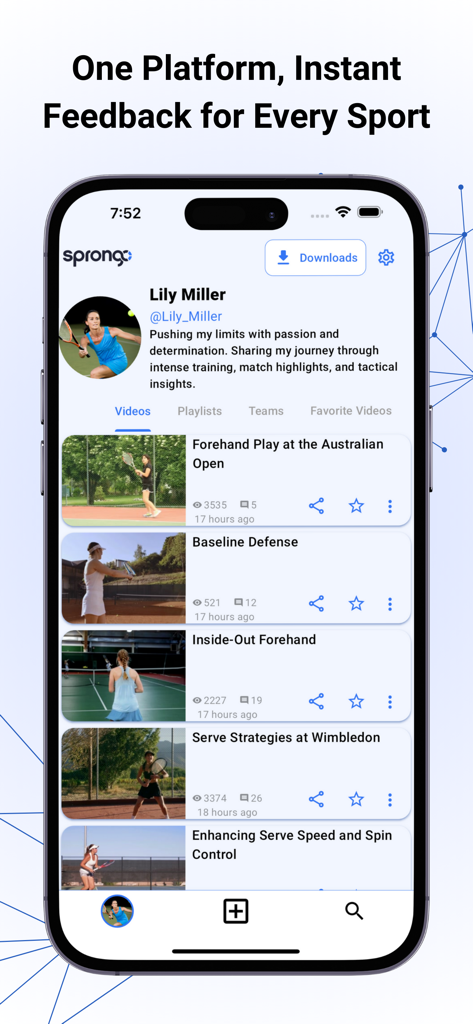 Sprongo - Sprongo mobile app interface displaying a professional athlete's profile and video training feed.