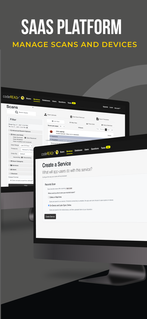 CodeREADr SaaS platform web interface showing scan management and service configuration on computer monitors