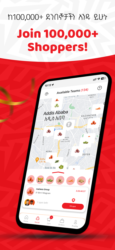 Una pantalla de smartphone que muestra el mapa de la aplicación ChipChip con equipos de compra social disponibles y descuentos colectivos en precios.