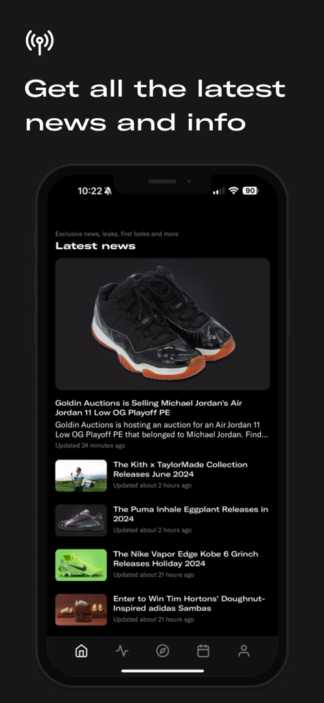Sole Retriever - Sneakers - O feed de últimas notícias e informações de lançamento de tênis dentro da interface do aplicativo Sole Retriever.