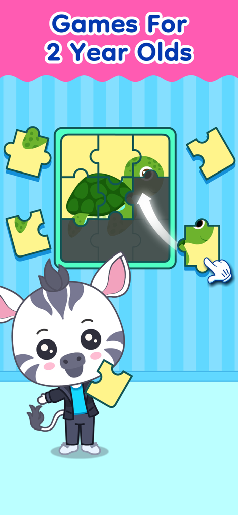 Un personaggio zebra dei cartoni animati accanto a un puzzle di tartaruga risolto in un gioco di apprendimento per bambini.