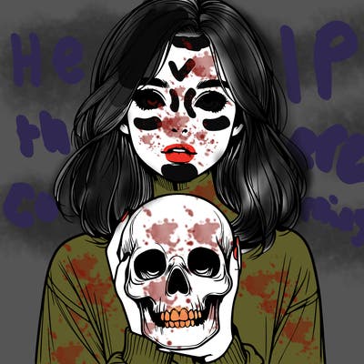 realistic girl holding a skull