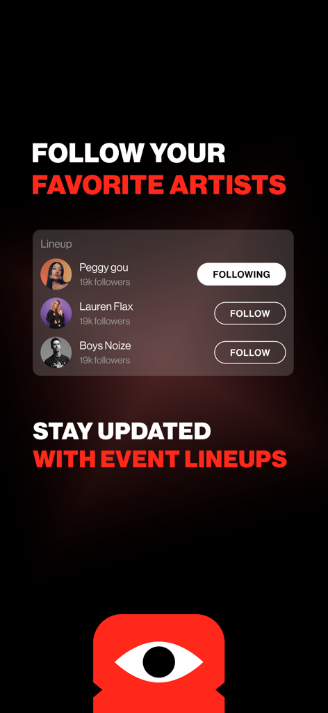 GETIN Wallet - Screen from GETIN Wallet app showing how to follow artists and stay updated on event lineups