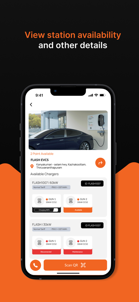 Flash EV Charge - Flash EV Charge app interface showing real-time availability and status of electric vehicle charging stations.