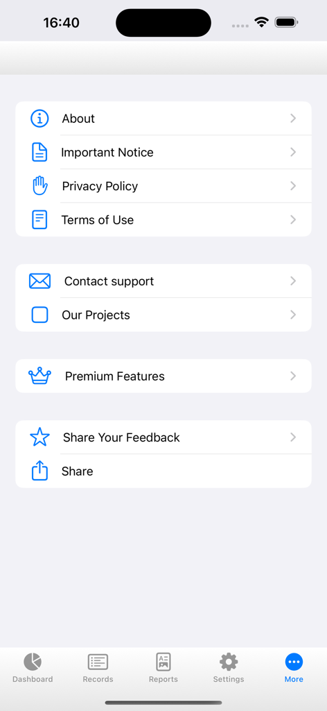 iGoal Plus - The settings and support menu of the iGoal Plus mobile application.
