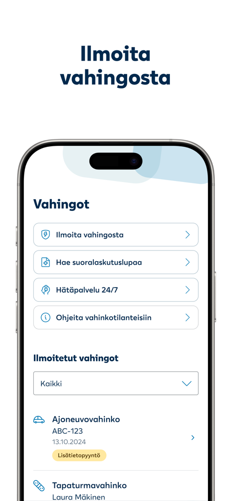 LähiTapiola - Interface of the LähiTapiola insurance app showing the damage reporting and claims management screen.