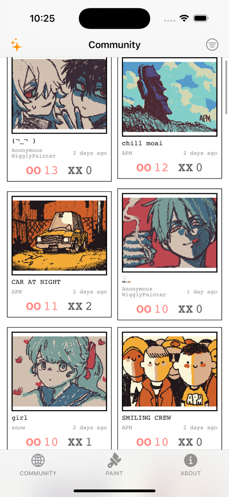 A gallery view of the JigglyPaint community feed showing various user created pixel art animations