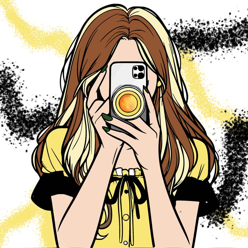 a realistic girl holding her phone taking pictures