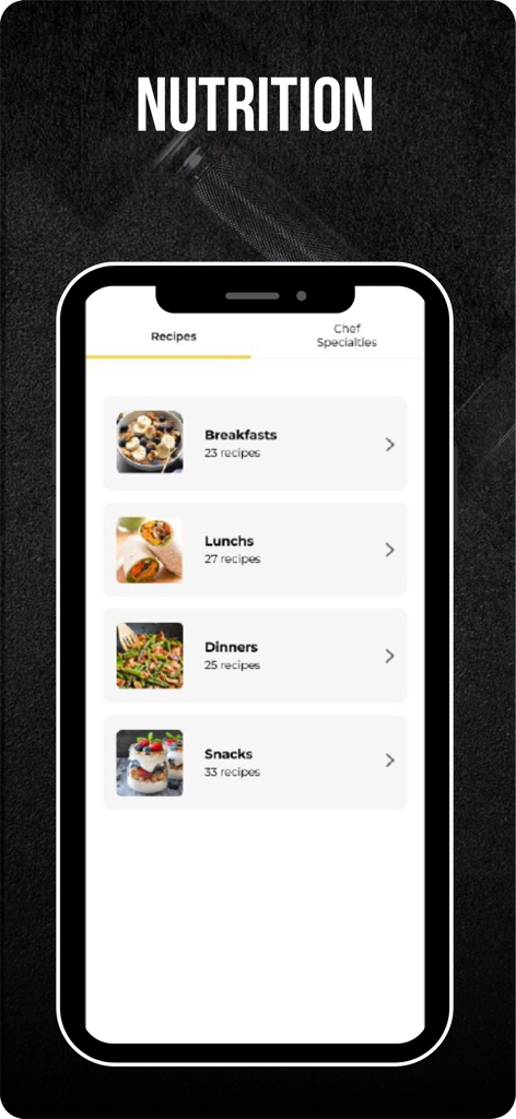 WEDO Transformations - Interfaccia dell'app mobile WEDO Transformations che mostra categorie di pasti nutrizionali per colazione, pranzo, cena e spuntini