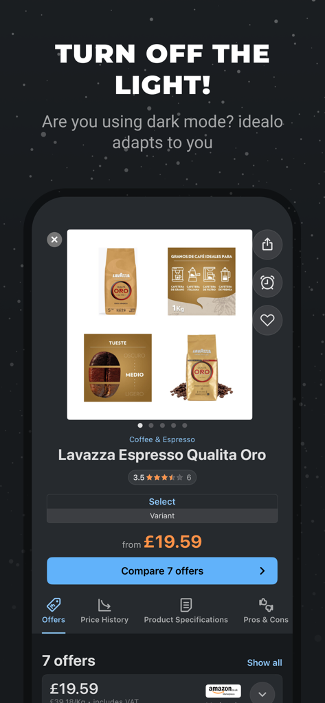 idealo - Price Comparison - Interfaz de la app de comparación de precios idealo en modo oscuro que muestra una página de producto de café con historial de precios y ofertas
