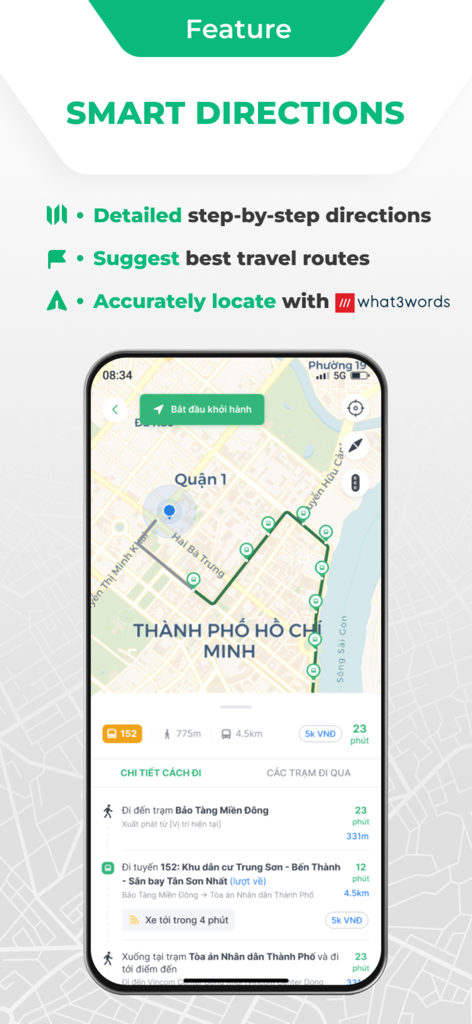 BusMap app screenshot showing smart directions and bus route mapping for transit navigation in Vietnam