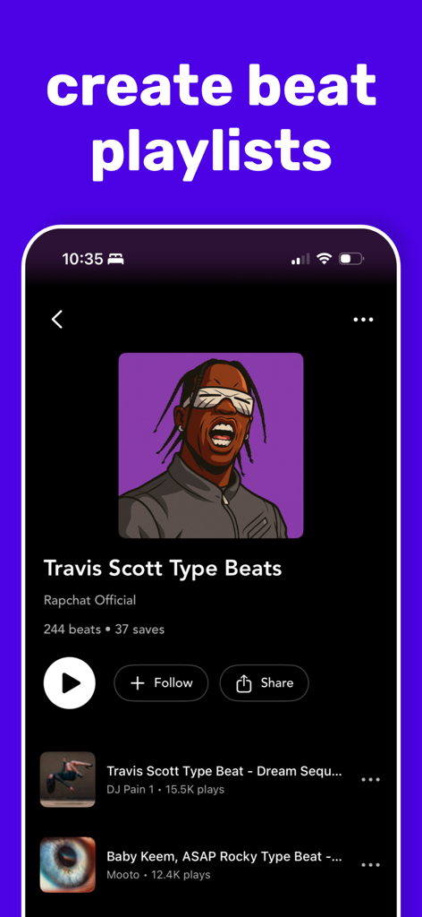 Rapchatアプリのインターフェース。Travis Scott Type Beatsというタイトルのビートプレイリストを表示し、再生とフォローのオプションがある。
