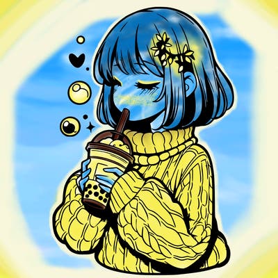 manga girl drinking boba in cozy sweater