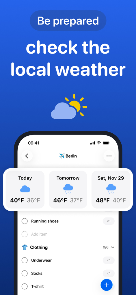Schermata dell'app Packo che mostra le previsioni meteo locali per Berlino accanto a una lista di controllo per i bagagli da viaggio.