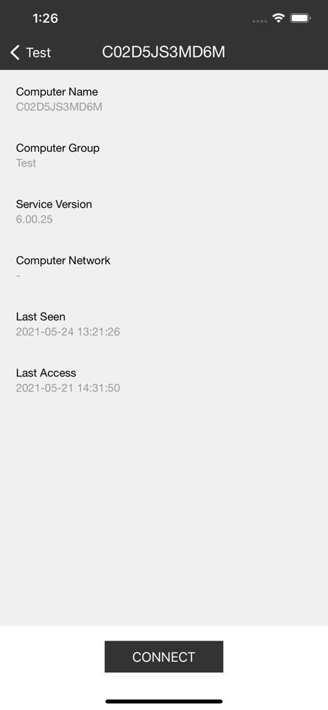 Dameware Remote Everywhere - Aplicativo Dameware Remote Everywhere mostrando detalhes do computador e um botão de conexão