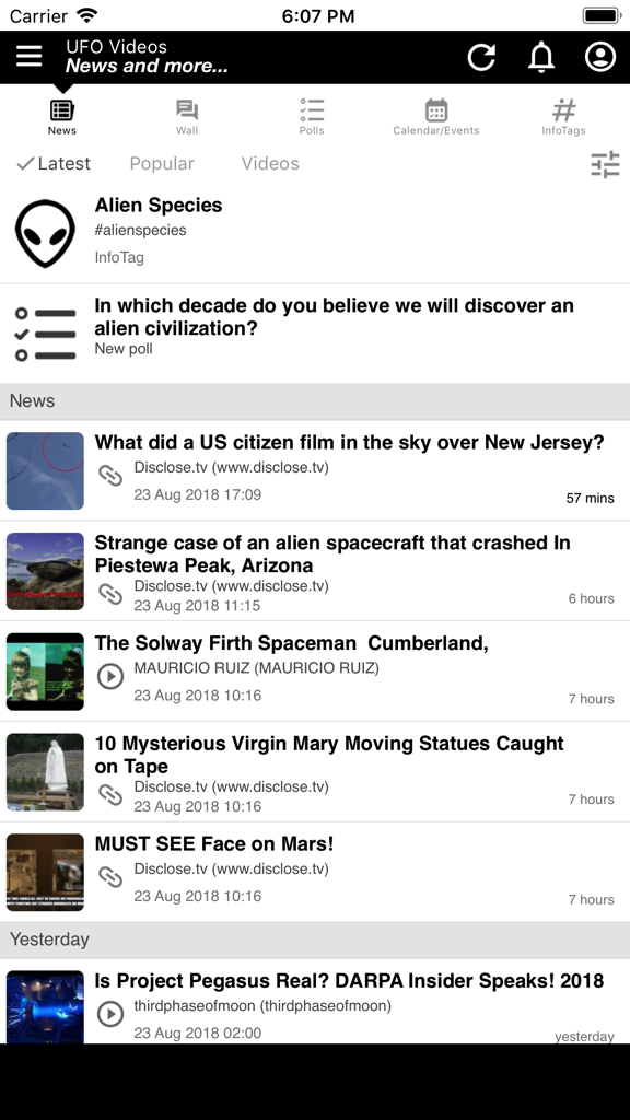 UFO Videos, News & more... - Interface of the UFO Videos News and more app showing a feed of alien sightings and paranormal news headlines.