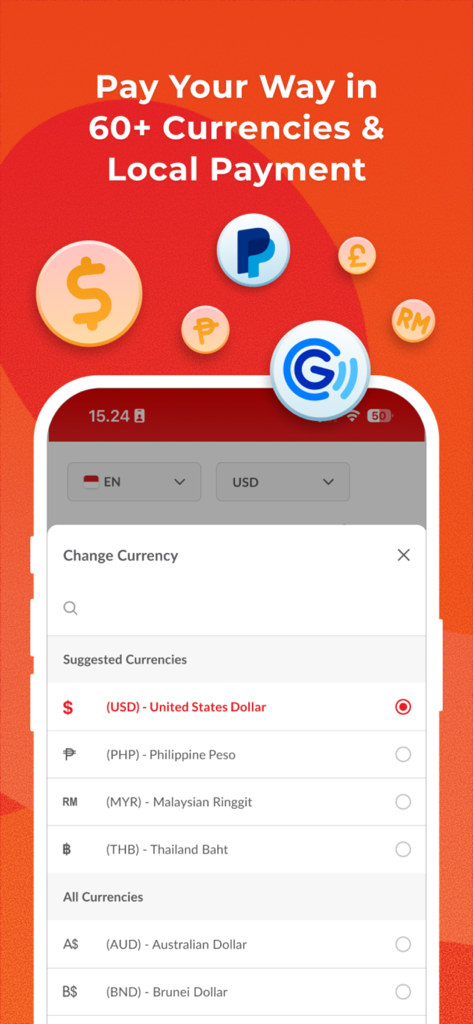 Airpaz: Flight & Hotel Booking - 航空券やホテルの予約に使用できる60種類以上の通貨リストを表示しているAirpazモバイルアプリのインターフェース。